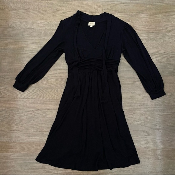 Ella Moss Black Lined Long Sleeve V Neck Tie at Neck Ruched Dress Size Medium - Picture 1 of 8